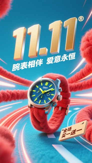 背景是充满动感的亮红色速度线抽象光影，如同赛道上飞驰的轨迹。一款硬朗的机械运动手表以微微倾斜的角度置于画面中心，表盘细节清晰，指针散发着幽蓝或亮黄色的夜光，与红色背景形成强烈撞色。表身周围有金属质感的预览效果