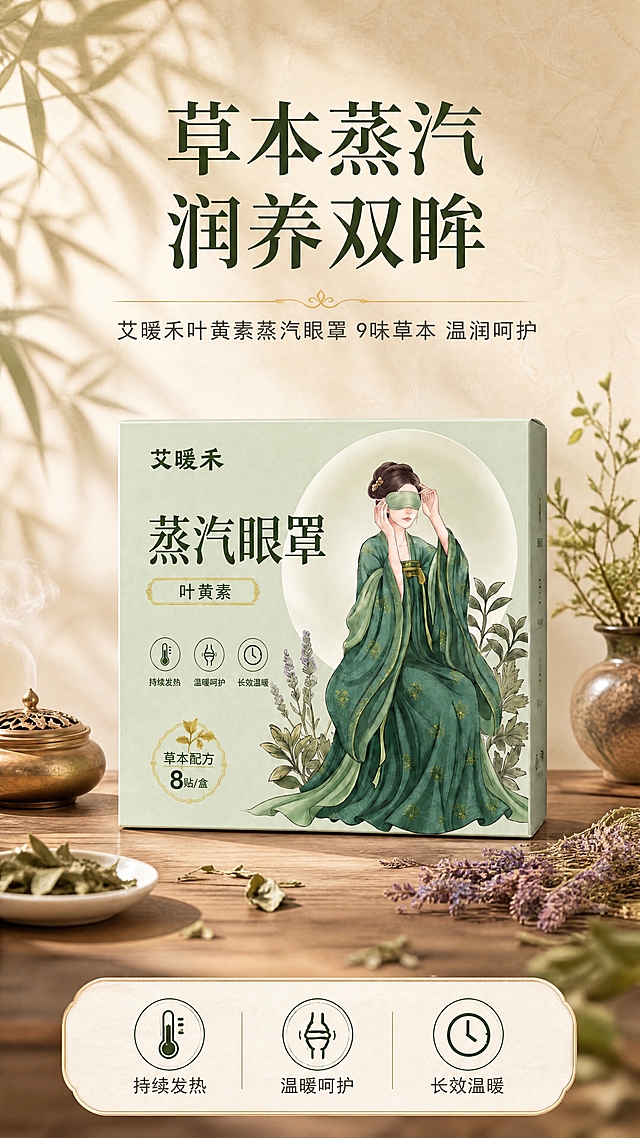 [商品] 使用【图1】艾暖禾蒸汽眼罩外包装盒；保留包装盒浅绿色主色、古风仕女图案、"艾暖禾"品牌名、"蒸汽眼罩"大字、"叶黄素"标签、"草本配方 8贴/盒"文字、三个功能图标及位置；包装盒结构、比例、颜色、材质完全保真，仅做光影融合与清晰度提升。
[画面] 目标：东方草本治愈美感头图，建立品牌第一印象。构图：竖版9:16，产品包装盒居中偏下，占画面约45%；上方留白放主标题与副标题；背景为新中式国风场景，浅米色宣纸质感墙面，左侧有竹影投影，前景铺浅棕色木质桌面，点缀干艾草叶、薰衣草花束、白色小瓷碟与温润香炉；前中后三层景深，柔和自然光从左上方洒入，营造温暖舒缓的午后氛围。
[视觉] 套系策略：风格=东方草本国风商业摄影，温润治愈；标题字=宋体衬线粗体（古风雅致）；正文字=简洁无衬线体；主色=艾草绿+浅米杏；背景延展=基于浅米杏与艾草绿做深浅层级、宣纸纹理、同色渐变；强调色=暖金色，仅用于小面积图标、引线、标签和装饰线条；标题色=深墨绿；正文色=深暖灰；组件=圆角浅底信息卡、细线引线、草本图标；光影=左前侧暖柔光，柔和阴影。
[文字] 画面上方居中主标题「草本蒸汽 润养双眸」（8字），副标题「艾暖禾叶黄素蒸汽眼罩 9味草本 温润呵护」，主标题大字号醒目，副标题小一号；底部加三个圆形小图标：持续发热 / 温暖呵护 / 长效温暖；文字均为横排，不遮挡包装盒主体与仕女图案。
[规格] 图片比例9:16竖版，4K分辨率，负向提示：避免变形、错字、文字过小、冷蓝灰调、包装文字错乱、产品结构改变、医疗功效表述、极限词。