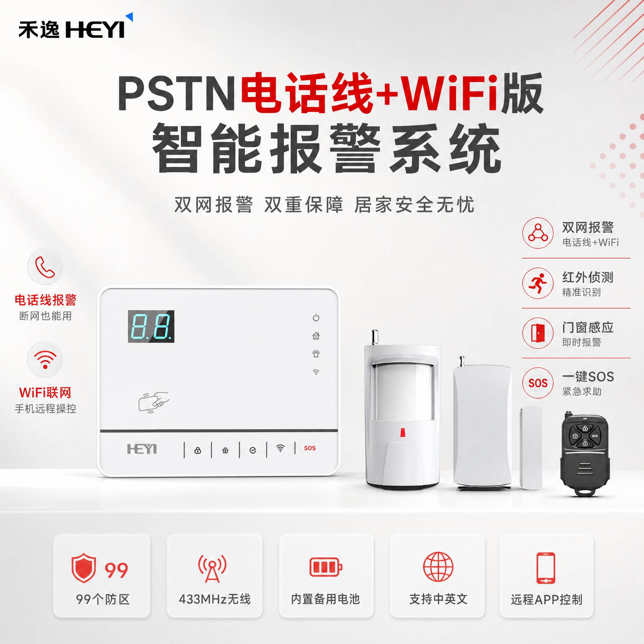 [主图-1] PSTN电话线+WiFi版智能家庭报警系统套装商… - 图片创意预览