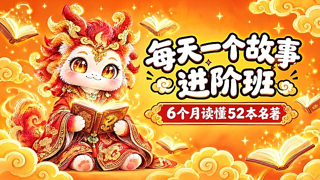 将第二张图（进阶班）的风格改成第一张图（基础班）的风格。保留进阶班的捧书麒麟神兽形象和文字内容"每天一个故事 进阶班 6个月读懂52本名著"，将背景改为第一张图的暖橙黄色渐变、金色祥云、飘浮发光书本、星星光点的活泼风格，文字改为第一张图的卡通粗体白字黑边风格，副标题放在红色横幅中，整体色调明亮温暖活泼，与基础班风格统一，尺寸保持540x292。