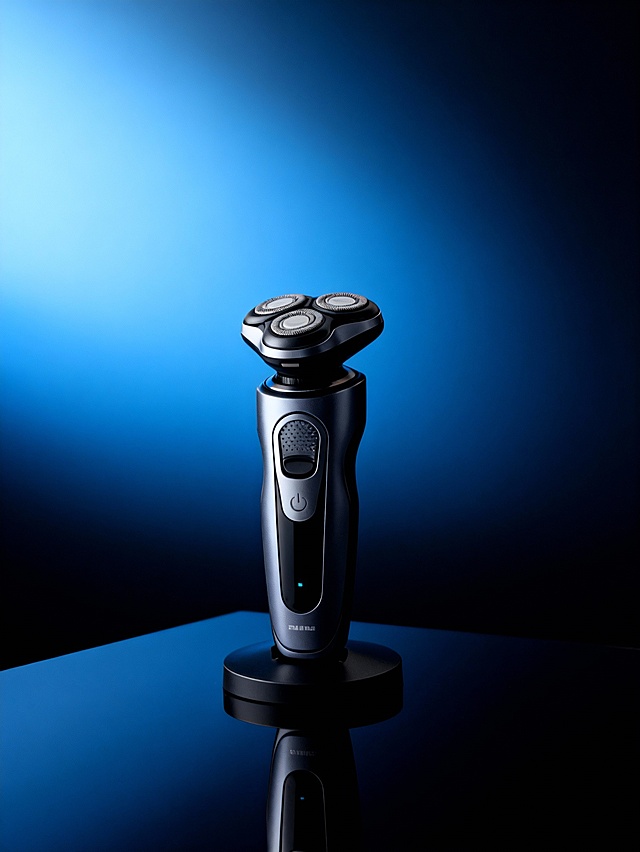 极简高级风产品展示场景，整体配色为渐变蓝黑冷色调背景 + 黑银主体，色调简约质感；采用侧视近景视角，中心构图聚焦主体区域；场景包含高反光黑色台面；主体呈直立放置姿态，在画面中占比约 50%；主体融入极简冷调环境，光线为侧方柔和聚光，摄影风格为产品精修实拍，细节锐利，光影过渡细腻。