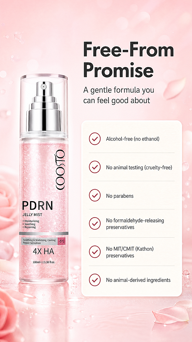 [商品] 使用【图1】COORO PDRN Jelly Mist 果冻喷雾（红）：保留透明瓶身、透明外盖、银色泵头、粉红果冻液体与瓶身标签原有全部文字图案，不翻译不改写、不额外添加认证徽章或虚构标签。
[画面] 竖版安心承诺页，纵向六行勾选声明卡：每行左侧为深玫瑰红勾选图标，右侧为一句英文声明，卡片为圆角暖米白浅底、带细腻纸张质感；顶部为标题与产品小图并列；背景为玫瑰粉同色渐变加柔和光斑，前景可加极浅水雾与玫瑰花瓣虚影，形成卡片、产品、背景3层关系。整体干净、留白充足、信息可读。
[视觉] 套系策略：风格=跨境极简高级美妆商业摄影，通透水光质感；标题字=现代无衬线粗体；正文字=简洁无衬线常规体；主色=玫瑰粉至暖米白渐变；背景延展=基于玫瑰粉做深浅层级、同色渐变与细腻纸张与玻璃质感；强调色=深玫瑰红，仅用于小面积勾选图标与引线；标题色=深炭灰；正文色=中暖灰；组件=圆角暖米白信息卡、勾选图标、细线分隔；光影=左前侧柔光加顶部轮廓光。
[文字] 全部英文、仅横向排版：主标题 "Free-From Promise"；副标题 "A gentle formula you can feel good about"；六项声明 "Alcohol-free (no ethanol)"、"No animal testing (cruelty-free)"、"No parabens"、"No formaldehyde-releasing preservatives"、"No MIT/CMIT (Kathon) preservatives"、"No animal-derived ingredients"。文字位于卡片内，不遮挡产品与瓶身标签，不使用绝对化或疗效表述。
[规格] 图片比例9:16竖版，4K，避免变形、错字、文字过小、竖排文字、冷蓝蓝灰冷灰背景或卡片、虚构认证标志、夸大承诺、改变瓶身颜色与标签文字。