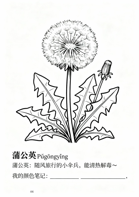以下是针对 **36种常见中草药填色画** 的更新版设计指示语，适用于“成果长廊”展区或“互动体验区”作为学生填色与学习素材，延续 **清晰手绘线稿风格 + 趣味知识标注** 的设计方向。

---预览效果