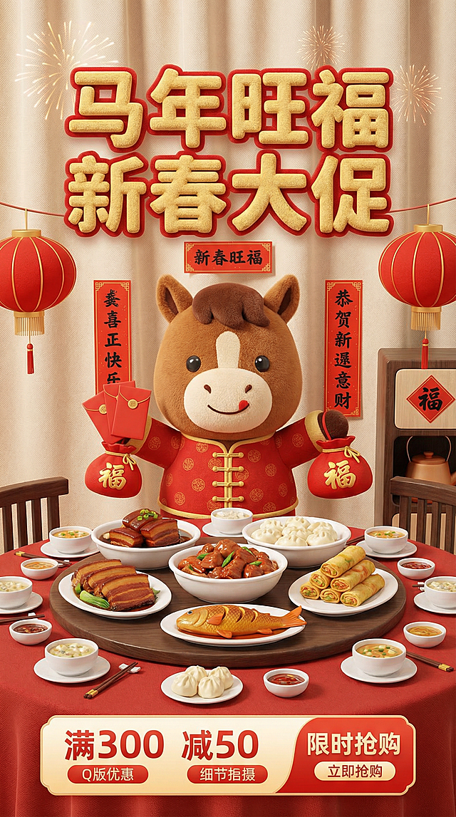 软3D风格卡通马拟人形象，身着唐装手持福袋，围坐丰盛年夜饭，搭配浮雕质感文字与红灯笼，营造喜庆新春促销氛围。
