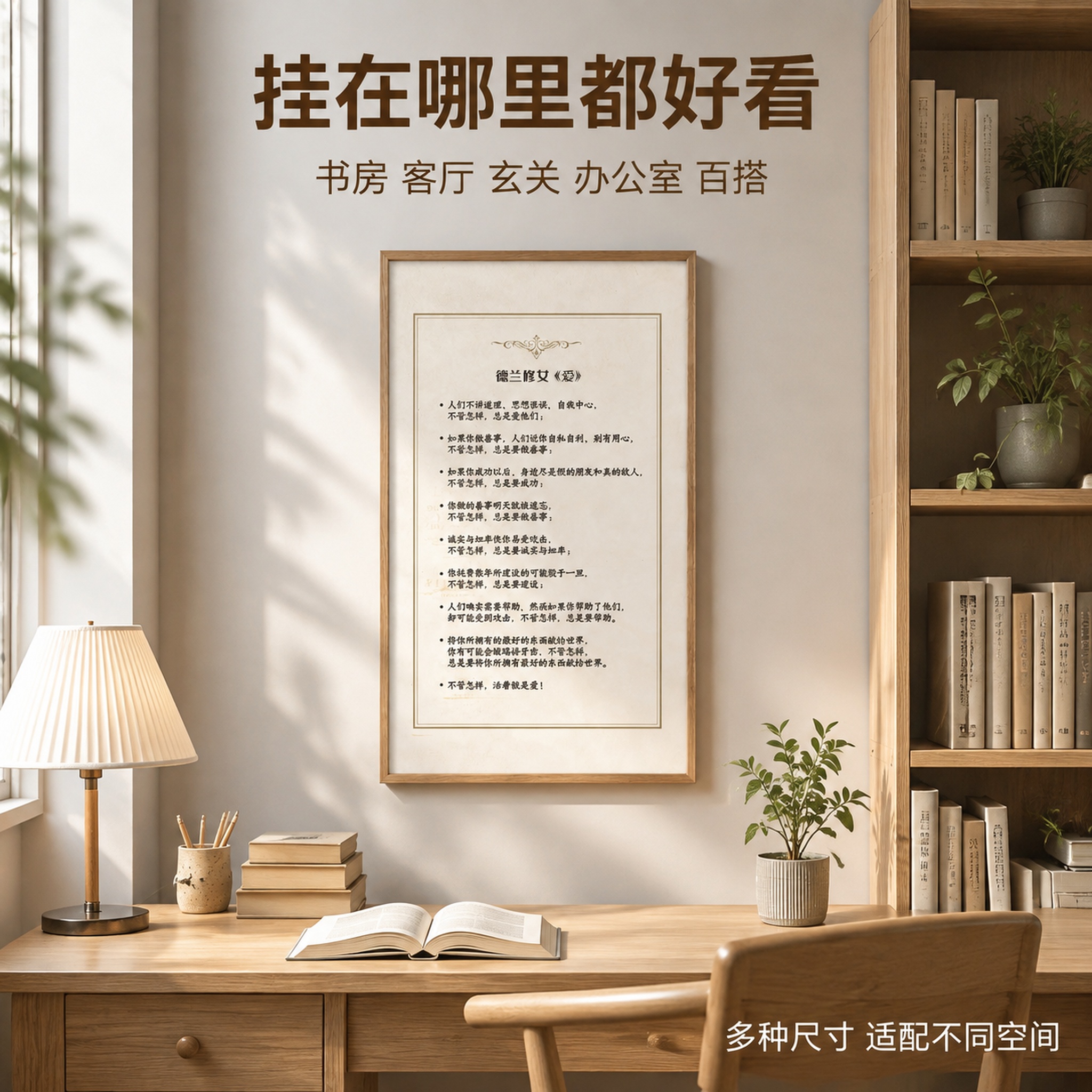 电商主图第四张，应用场景图，原木色装饰画相框，展示书房/客厅上… - 图片创意预览