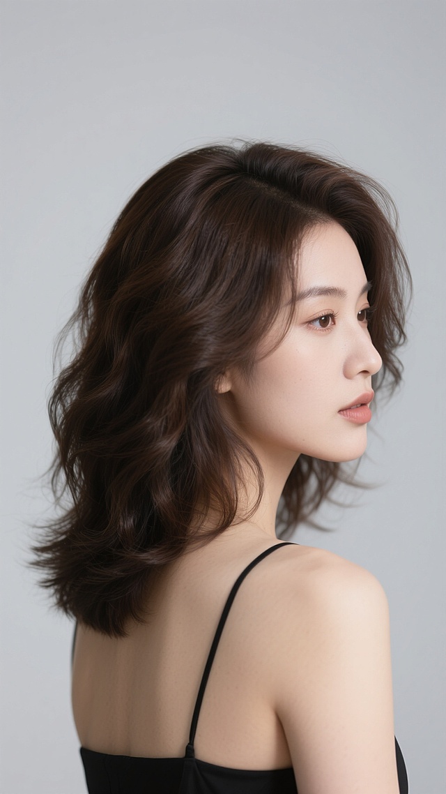 专业美发广告摄影，东方女性侧脸特写，光滑高颅顶的蓬松羊毛卷发型，深棕色染发，发丝呈现出健康的光泽感与细腻的层次感，发尾微微内扣，整体造型时尚优雅，背景为纯净的浅灰色，光线柔和均匀地洒在头发上，突出秀发的柔顺质感与立体轮廓，人物穿着简约的黑色抹胸，肩部线条优美，构图采用三分法，主体突出，视觉焦点集中在富有动感的发型上，画面干净整洁，信息传达直接高效，符合高端美发品牌的宣传调性。