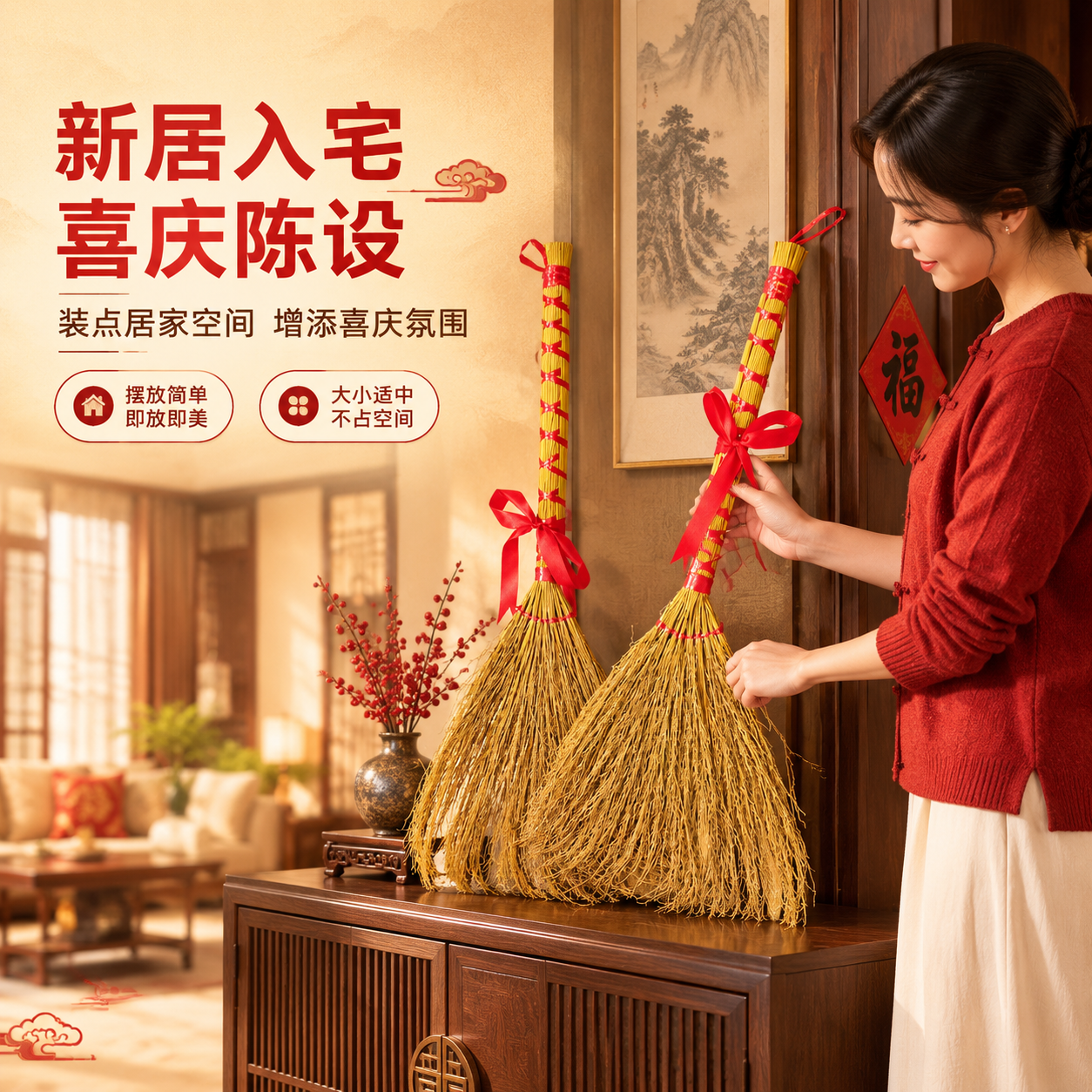 [商品] 使用【图2】扫把捆红绳乔迁之喜摆件（手持展示）；保留… - 图片创意预览