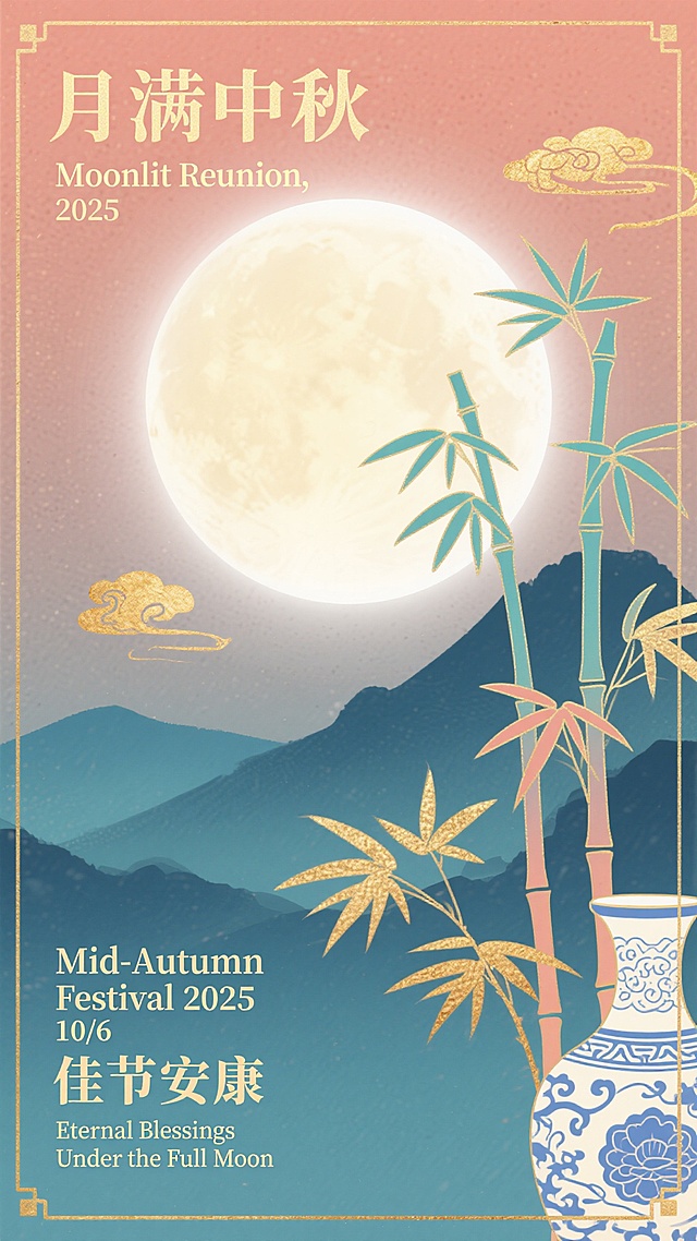 中式古典插画风，鎏金竹影映明月，国潮中秋佳节图。