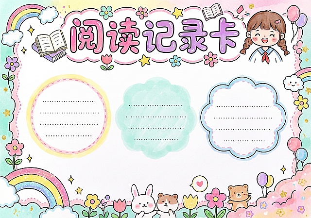 参照这张一年级小学生阅读记录卡的设计，生成更加可爱的风格，保留顶部标题“阅读记录卡”和整体装饰边框设计，中间部分放空，留出三个分区位置用来做卡片贴图，可爱女学生风格，A4横版布局，整体清新可爱，色彩明亮童趣