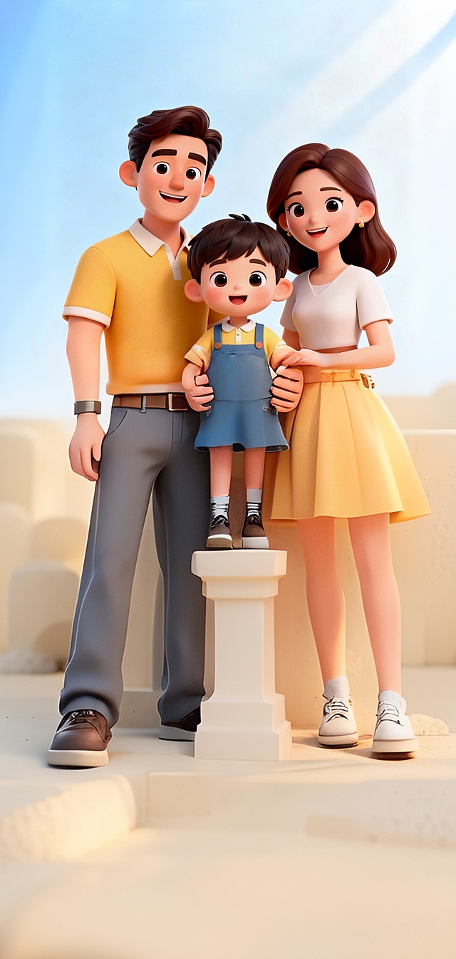 优化一下爸爸的胳膊，妈妈的手和孩子的双手，孩子站在一个台子上