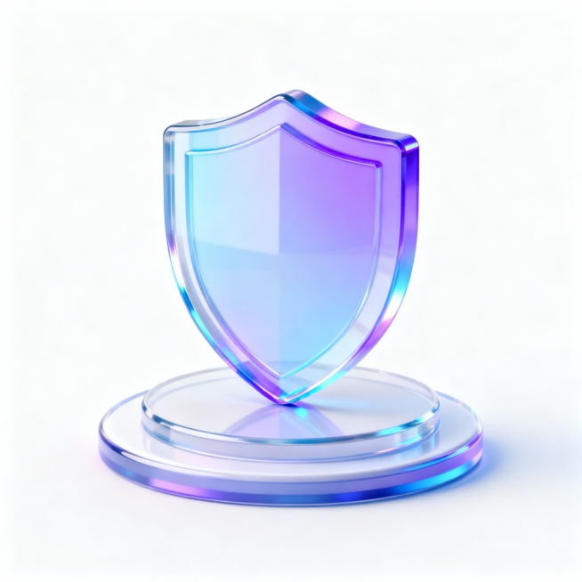 半透明安全盾牌图标设计，UI，icon，高级感，简约，创意，彩色，高级，半透明，画面干净，浅色干净的背景，高保真，C4D，4K，带有柔和的蓝到紫的渐变和微妙的高光，玻璃材质的通透感，干净白色背景，底座预览效果