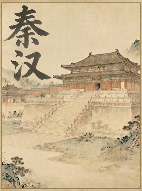仅将图中‘秦汉’二字整体平移至海报左上角贴边位置（即‘秦’字左上角紧贴画布左上角），保持两字原有相对位置、倾斜角度、大小、字体风格与墨色不变；图层仍置于宫殿下方不遮挡；其余所有画面内容（宫殿、台阶、山预览效果