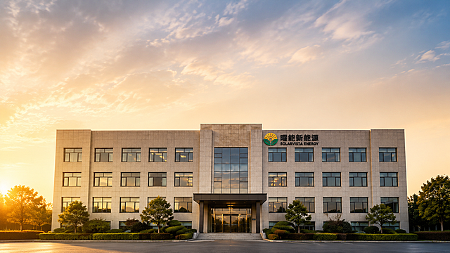 保持企业大楼主体结构、建筑外观、彩色公司Logo和门头"曜能新能源 SOLARVISTA ENERGY"字样基本不变，精修成适合企业介绍PPT封面的高级背景：修正建筑透视，让大楼更端正挺拔大气；提升建筑外立面、玻璃幕墙和入口区域的质感；清理所有干扰元素，移除路人、杂乱车辆、电线、垃圾、施工杂物；调整为金色清晨商务大片风，暖金色阳光从侧面照射建筑，优化天空和光影，让画面更有企业宣传片质感，充满希望感、发展感和企业实力感；中间偏上预留标题排版空间，建筑主体放在居中偏下位置；整体稳重高级，不要过度科幻，不要游戏场景和电商海报风格，不添加额外文字和人物，不生成多余建筑，保持16:9比例