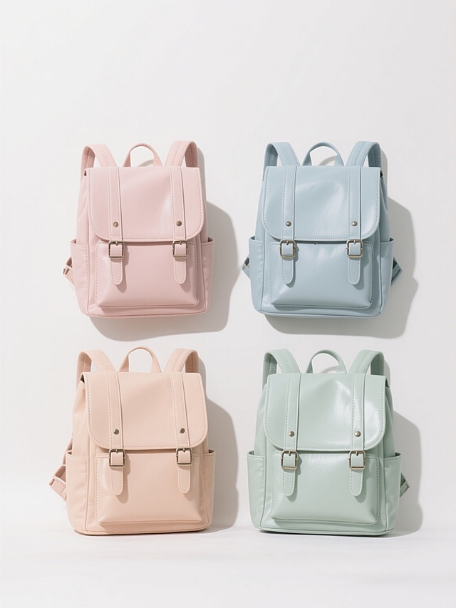 四个不同配色、不同样式的双肩书包，白色背景，排列整齐，每个书包都有光滑的皮质质感，柔和的马卡龙色系，简约的设计风格，带有翻盖和扣带装饰，两侧有小口袋，背带可调节，整体呈现出清新、可爱的氛围，光线明亮均匀，阴影柔和，细节清晰，具有产品展示图的质感和视觉效果。