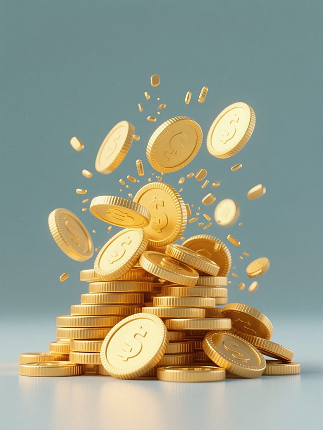 3D渲染风格，一堆金黄色的金币，金币表面有细致的纹理和高光，部分金币从堆顶向上飞溅，呈现出动态的散落效果，整体造型简约现代，纯色背景，光影运用自然，金币的金属质感强烈，画面构图规整，以金币为单一元素图案。