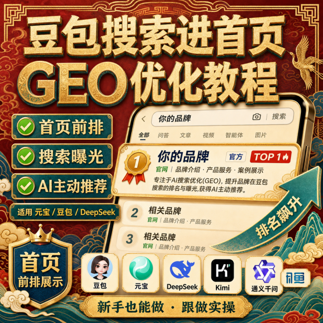 将这张豆包搜索GEO优化教程宣传海报改为国潮中国风风格，保留所有文字内容、图标和排版结构，更换整体视觉为国潮配色和传统纹样预览效果