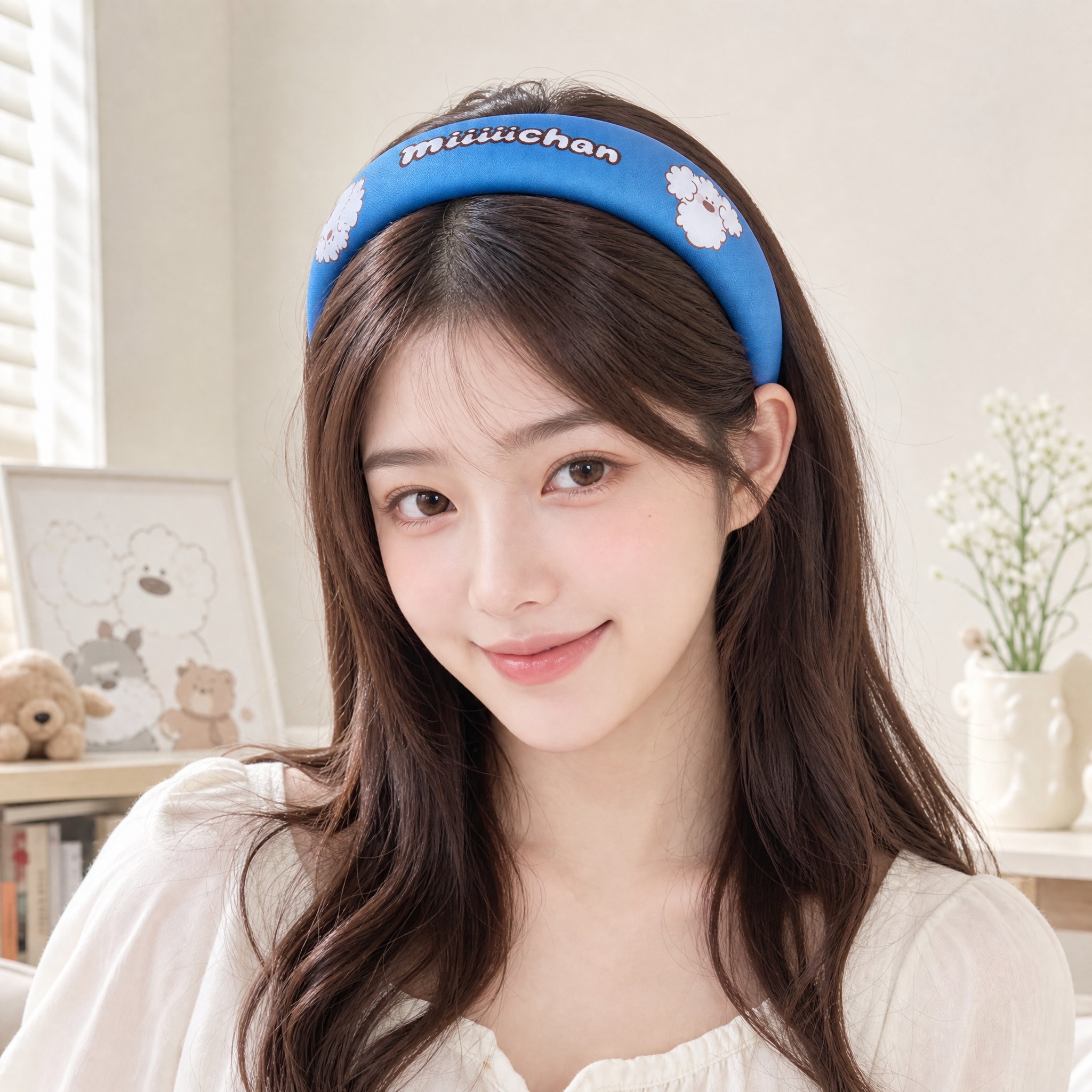 年轻亚洲女生佩戴miiiiichan蓝色小狗印花宽发箍的正面佩… - 图片创意预览