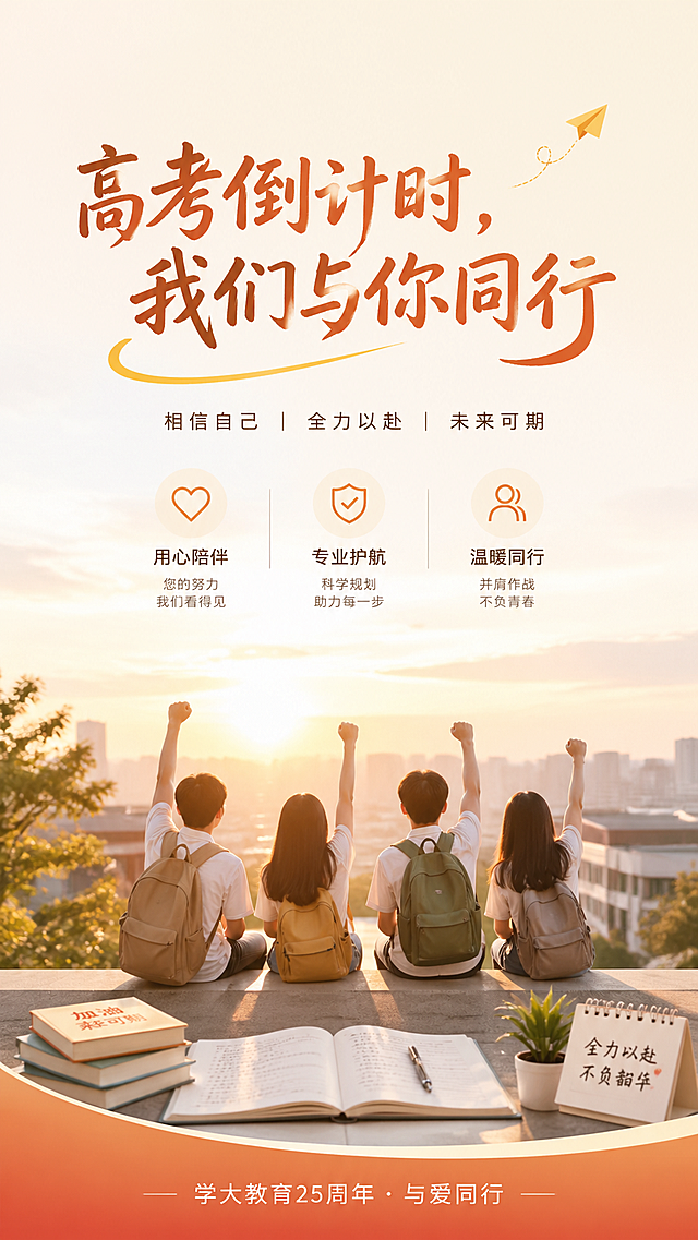高考倒计时海报，整体风格温暖鼓舞人心，不会造成压力，体现出支持、信任、鼓舞和真诚，符合学大教育严谨有厚度的前沿教育理念，时代感强，贴近学生需求。画面干净清新，色调温暖舒适，主文案为"高考倒计时，我们与你同行"，底部标注"学大教育25周年 · 与爱同行"