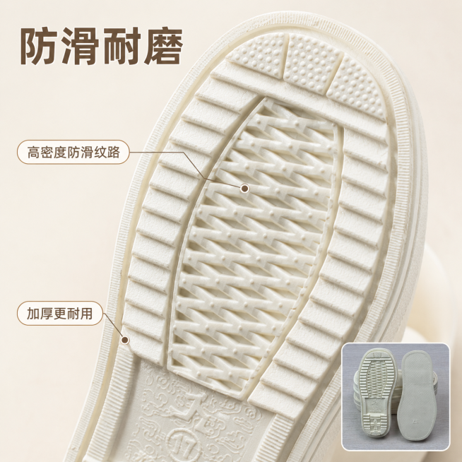 「图片1」，生成一套主图（3张），商品名称是加厚小底，卖点是PVC牛静地，防滑耐磨，柔软舒适，风格是家居可爱风，适配拼多多平台，主图比例为1:1预览效果