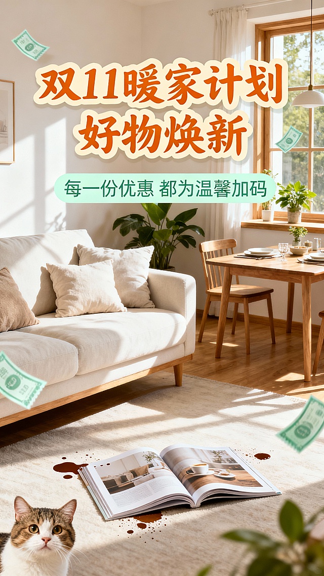 轻拟物风融合杂志感，暖光洒落的客厅实景营造温馨舒适氛围，简约主义设计搭配印刷风元素，双11暖家主题尽显生活温度。