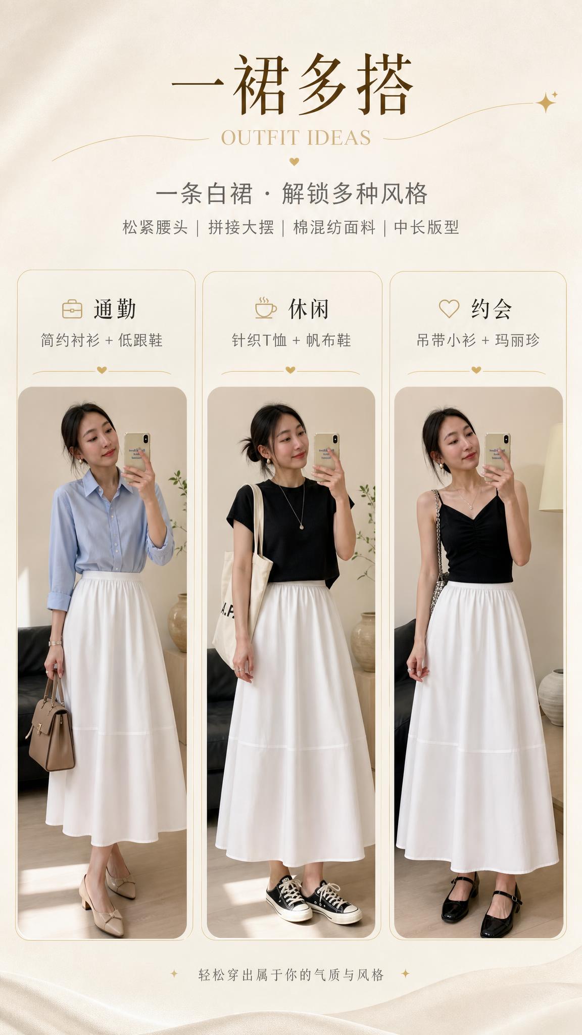[商品] 使用【图2】白色高腰A字半身长裙模特穿搭；商品处理：… - 图片创意预览