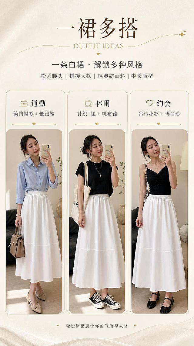 [商品] 使用【图2】白色高腰A字半身长裙模特穿搭；商品处理：保留松紧腰头、拼接大摆、白色棉混纺面料、中长版型；自然去皱，增强垂坠质感，不改变版型颜色结构；上衣可更换为不同搭配款，裙子保持同款同色。
[画面] 目标：搭配灵感页，一裙多搭展示3种场景造型。构图：上方主标题区，下方三格竖排搭配造型（通勤OL/休闲日常/轻约会），每格为不同上衣搭配同一条白裙的模特半身/全身图，背景为浅米色分栏卡片，金色细线分隔，有穿搭小标签。
[视觉] 套系策略：风格=高级轻法式商业摄影，简约有品牌感；标题字=纤细优雅衬线体；正文字=简洁无衬线体；主色=浅米色；背景延展=基于浅米色做深浅层级、同色渐变和细腻织物/哑光墙面质感；强调色=香槟金色，仅用于小面积图标、引线、细装饰线和标签；标题色=深暖棕；正文色=中暖灰；组件=圆角浅底信息卡、金色细线引线、极简标签；光影=左前侧柔和自然光，暖调。
[文字] 顶部主标题"一裙多搭"，英文小字"OUTFIT IDEAS"，三格分别标注：「通勤」简约衬衫+低跟鞋、「休闲」针织T恤+帆布鞋、「约会」吊带小衫+玛丽珍；文字横排，不遮挡裙子主体。
[规格] 图片比例9:16竖版，4K，避免变形、错字、文字过小、冷蓝背景、裙子颜色改变、版型失真、极限词。