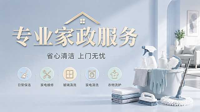 现代简约风，3D立体字设计，清新蓝白配色，搭配生活化场景，传递专业家政服务的洁净与安心。