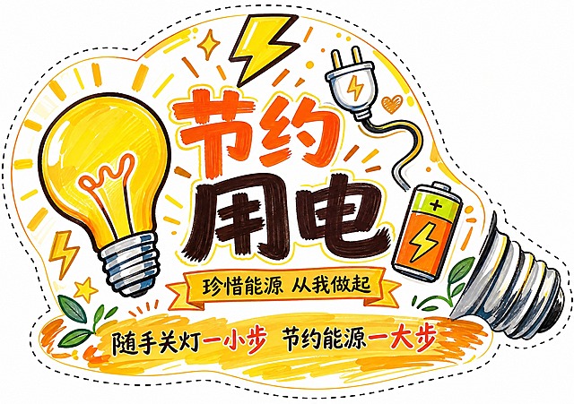 珍惜能源节约用电主题异形创意卡片设计，横版A4尺寸（297×210mm），纯白色背景。卡片主体为灯泡形状的异形轮廓，轮廓边缘有清晰的模切虚线（刀版线），虚线沿灯泡异形边缘均匀分布。整体采用马克笔手绘风格，手绘质感强烈，线条粗犷有力，色彩以黄色、橙色为主，明亮温暖。画面中央是大标题"节约用电"，马克笔手写体，醒目有力。副标题"珍惜能源 从我做起"位于主标题下方，较小字号。画面中手绘灯泡、闪电符号、插头、电池、光芒等能源主题元素，马克笔涂色风格，有明显的笔触痕迹和色块叠加效果。卡片底部有装饰短句"随手关灯一小步 节约能源一大步"。整体版式精美，留白充足，异形卡片造型突出，模切虚线清晰可见，白底手绘风干净清爽。画面中所有信息区域必须填充完整合理的内容，不得出现空白框或待填写区域。画面中必须完整呈现以下文字信息：节约用电、珍惜能源 从我做起、随手关灯一小步 节约能源一大步。