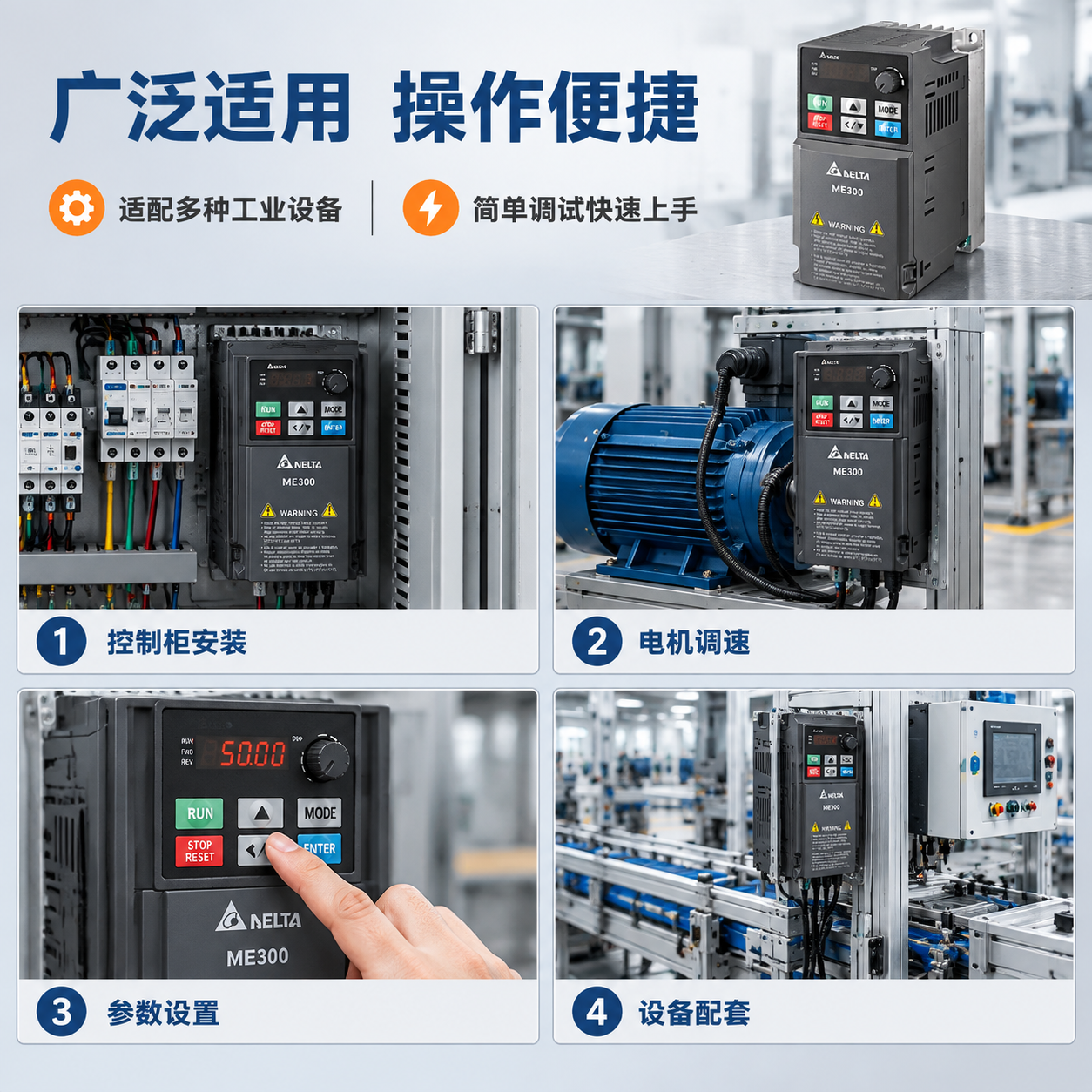 [主图-4] 场景适用图，主题为台达ME300变频器应用场景与… - 图片创意预览