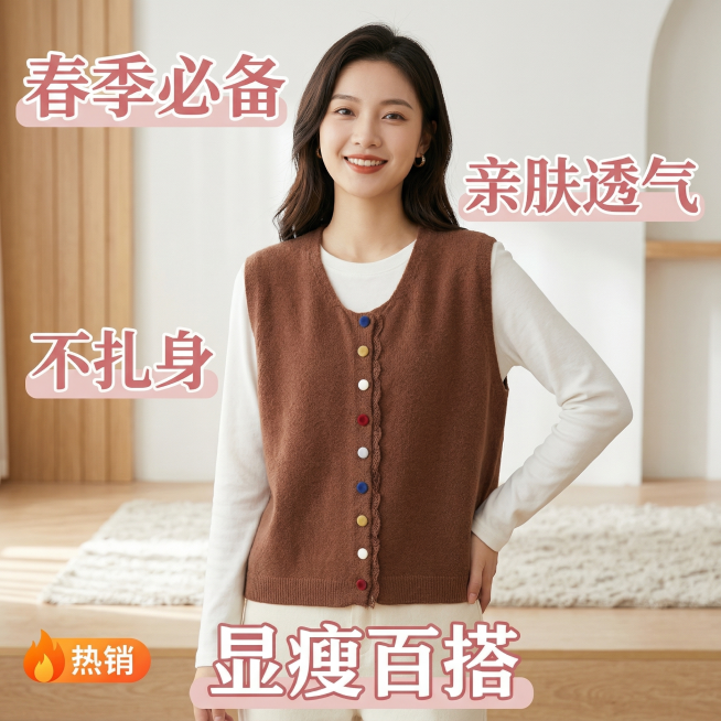 生成抖音商品主图，模特穿着这件无袖针织马甲开衫，内搭白色长袖上衣，突出软糯保暖不扎身，春季必备、亲肤透气、显瘦百搭的特点，按照提供的商品款式生成，保持款式不变，适合抖音电商展示预览效果