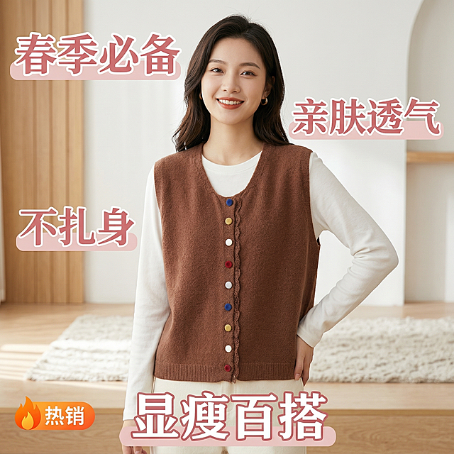 生成抖音商品主图，模特穿着这件无袖针织马甲开衫，内搭白色长袖上衣，突出软糯保暖不扎身，春季必备、亲肤透气、显瘦百搭的特点，按照提供的商品款式生成，保持款式不变，适合抖音电商展示
