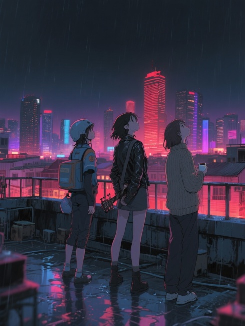 动漫风格：
Three young women standing back-to-back on a city rooftop at night, the urban skyline glowing预览效果