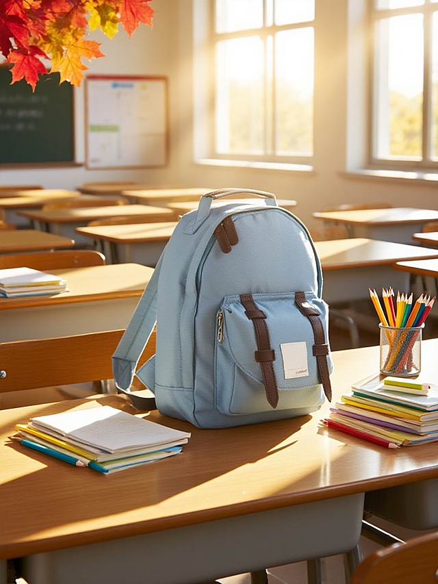 清新简约的教室，柔和阳光洒落，书包与文具静置桌上，营造舒适实景感。