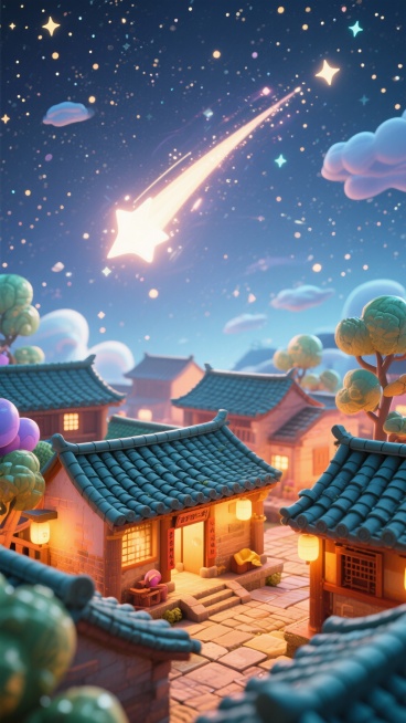 楚国苦县曲仁里古村落夜空，繁星密布，一道璀璨流星划破天际，光芒柔和照亮青瓦村落屋顶，氛围静谧神圣，色调古朴温润预览效果