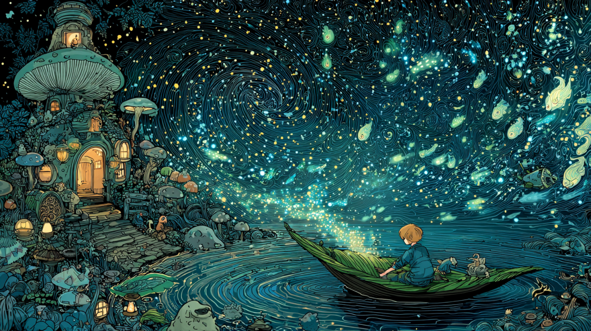 Whimsical night scene: a child in pajamas on a leaf-boat follows a swirling galaxy of bioluminescent预览效果