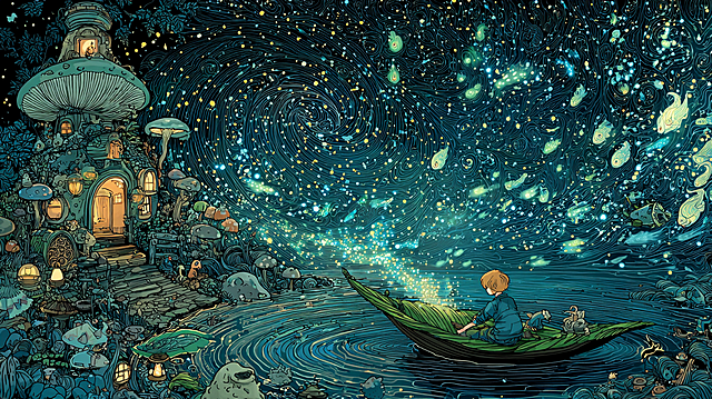 Whimsical night scene: a child in pajamas on a leaf-boat follows a swirling galaxy of bioluminescent fish and transparent, organ-glowing dream fish. The path leads to a floating treehouse with mushroom lamps, a snail-shell chimney, and glowing vines, surrounded by friendly nocturnal creatures. Studio Ghibli style, magical realism, hyper-detailed, serene and awe-inspiring.