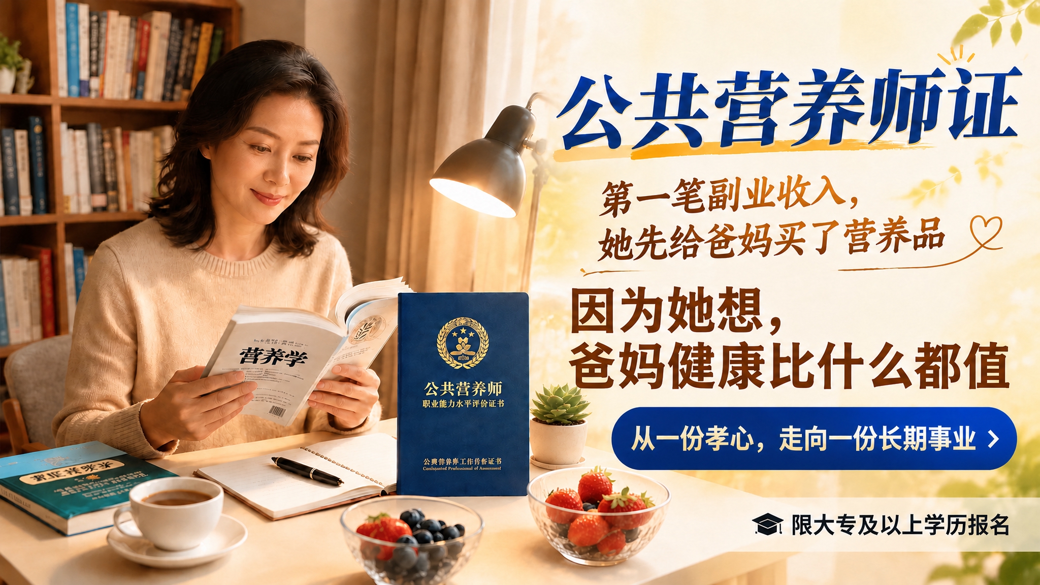 基于这张公共营养师证海报，将副文案"因为她想，爸妈健康比什么都… - 图片创意预览