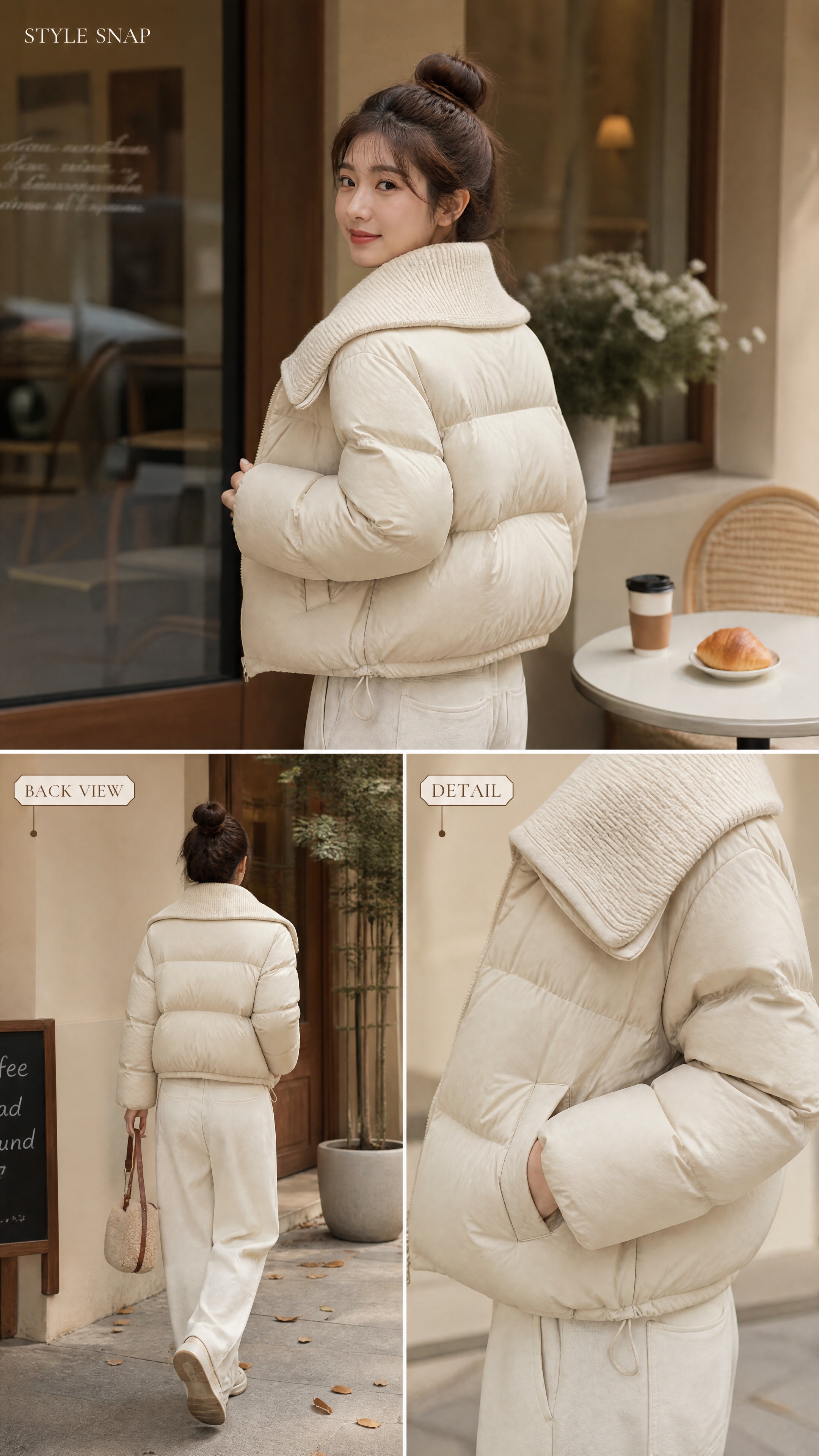 [商品] 使用【图6】米杏色针织大翻领短款羽绒服；商品处理：保… - 图片创意预览
