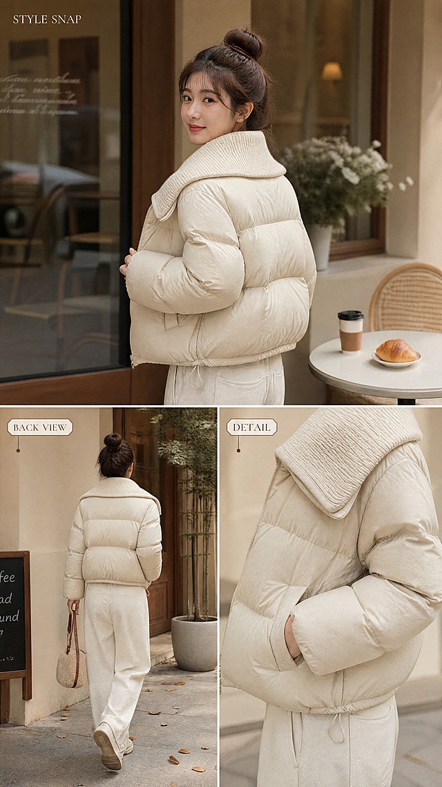 [商品] 使用【图6】米杏色针织大翻领短款羽绒服；商品处理：保留针织大翻领、横绗缝蓬松结构、短款版型、插袋、下摆抽绳、颜色和面料质感；自然去皱，增强羽绒蓬松感和针织纹理，不改变版型结构。穿着在亚洲女性模特身上。
[画面] 目标：补充姿态模特展示页，呈现侧身/背面/动态效果。构图：三宫格竖排拼图，上方大图=模特侧身回望（占50%），左下小图=背面行走（占25%），右下小图=手部插袋特写（占25%）。景别：全身 + 局部特写。前中后景：每格均为暖调室内街景/咖啡馆外摆场景，柔和自然光线。
[视觉] 套系策略：风格=韩系温柔轻熟风高级商业摄影；标题字=纤细优雅宋体衬线体；正文字=简洁无衬线体；主色=奶油米杏；背景延展=基于奶油米杏做深浅层级、同色渐变和细腻织物/哑光墙面质感；强调色=奶茶棕，仅用于小面积图标、引线和标签；标题色=深咖棕；正文色=暖灰棕；组件=圆角浅底信息卡、细线引线、手写英文装饰；光影=左前侧暖柔光，柔和自然阴影。
[文字] 上方大图左上角小号英文「STYLE SNAP」，左下小图标注「BACK VIEW」，右下小图标注「DETAIL」。不写中文卖点，文字不遮挡主体。
[规格] 图片比例9:16竖版，4K，避免变形、错字、文字过小、冷蓝/蓝灰背景、衣服颜色改变、版型失真、白底、极限词、欧美面孔。