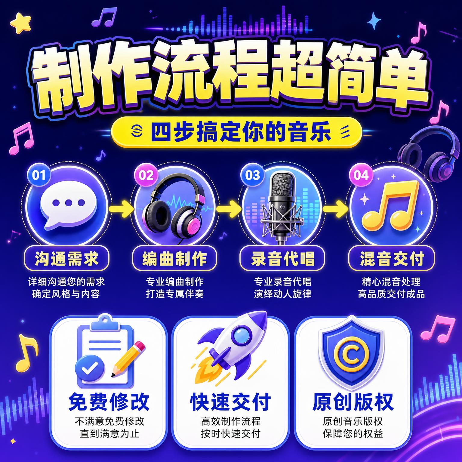 电商主图第5张，音乐制作服务流程与下单说明图，1:1正方形构图… - 图片创意预览