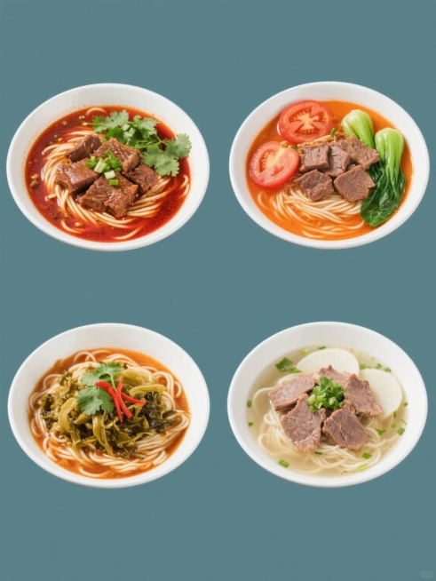 一组四张牛肉面系列素材，每张均为高分辨率摄影风格，纯色背景，保持原图的写实光影、鲜艳色彩和清晰质感。第一张：经典红烧牛肉面，白色瓷碗中盛满红亮汤底，筋道面条上铺满大块酱牛肉、翠绿香菜和葱花；第二张：番茄牛肉面，橙红色汤底搭配鲜嫩番茄块、牛肉片和青菜，呈现清新酸甜感；第三张：酸菜牛肉面，白色瓷碗中酸菜与牛肉片相映成趣，汤色清亮，点缀香菜和红椒丝；第四张：清汤牛肉面，清澈汤底凸显牛肉的原汁原味，搭……预览效果