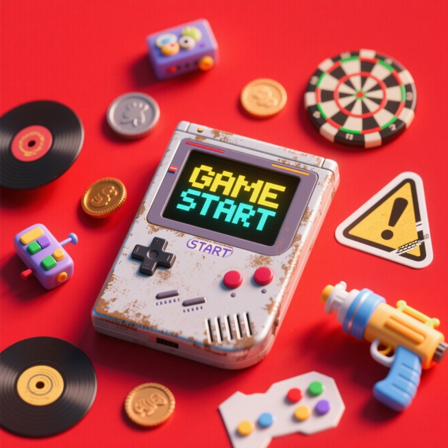 老式掌机（做旧金属质感，屏幕显示 “GAME START” ），周围散落复古游戏小物（硬币、飞镖，唱片、水枪），搭配潮流警示贴纸。突出复古怀旧氛围。通过物件大小、前后遮挡营造层次。背景用高饱和大红色预览效果