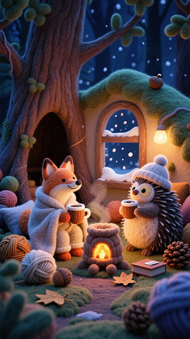 软3D风插画，拟人化狐狸与刺猬围炉夜话，毛发生长质感细腻，温馨可爱，冬夜森林小屋暖光点点，充满节日氛围。