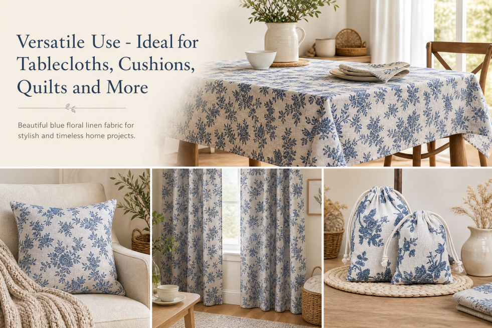 A+ page application scenarios banner for Blue Floral Pattern Linen Fabric, size 970x600, show multip预览效果