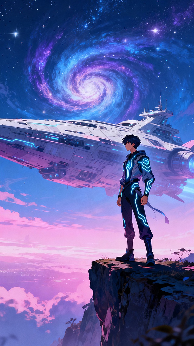 帮我生成20张手游壁纸，整体以蓝紫粉为主色调，呈现华丽梦幻、科幻元素的二次元游戏美术宣传风格。