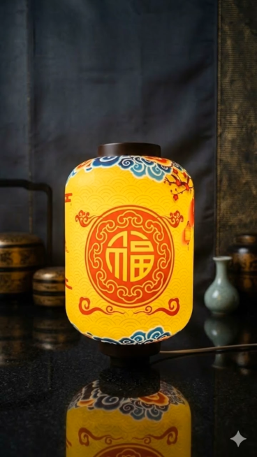 灯笼由左向右缓慢转动，就像一手拿着手机拍摄展示灯笼侧面细节，画面稳定流畅，保留原图片的构图和风格，背景保持不变。预览效果