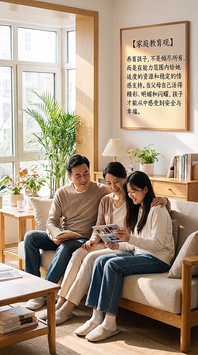温馨治愈的家庭氛围，画面中有中年中国父母和中国大学生女孩一家三口，整体风格温馨，图片上清晰书写正确的中文文字：【家庭教育观】
养育孩子，不是倾尽所有，而是在能力范围内给她适度的资源和稳定的情感支持。
当父母自己活得精彩、明媚和闪耀，孩子才能从中感受到安全与幸福。