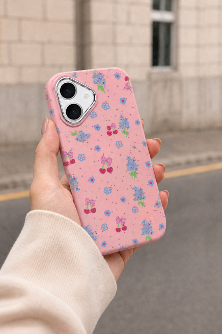 On the back of the solid pink phone case shown in the picture, paste and print the cherry pattern of预览效果