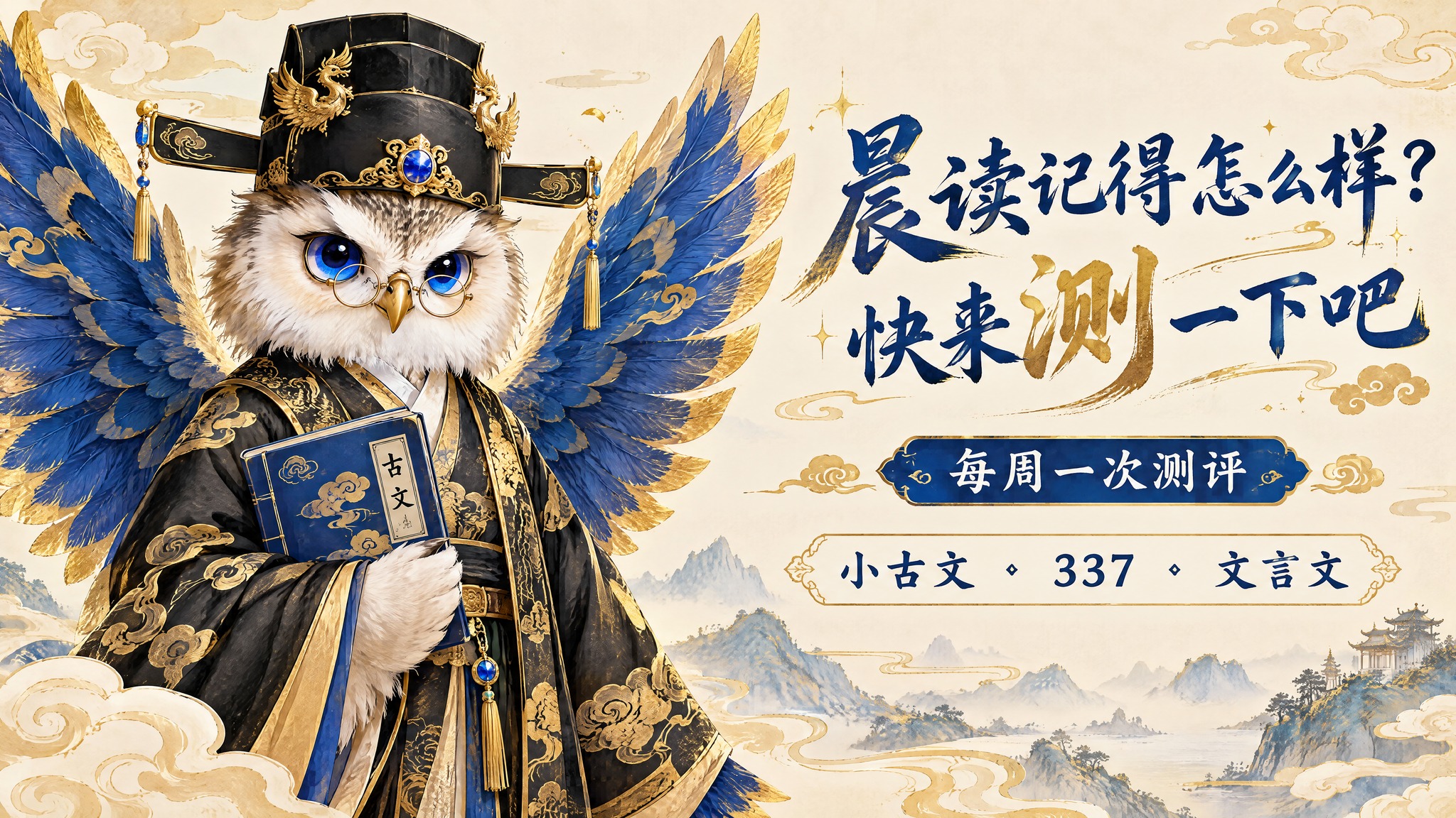 国风晨读测评宣传图，1080乘605像素。左侧是戴官帽穿黑金汉… - 图片创意预览