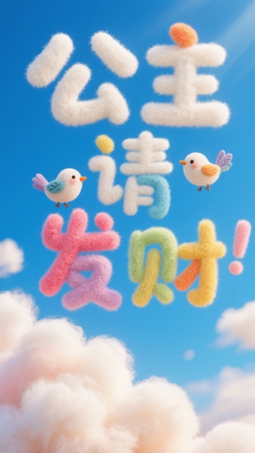一片湛蓝的天空背景，“公主请发财”五个卡通字体，字体像棉花糖一样的毛绒材料堆砌而成，软绵绵的质感，白色主色调，绚丽多彩，每个字旁边有一只卡通小鸟，小鸟身上的羽毛是毛绒质感，整个画面充满童真与对发财的美预览效果
